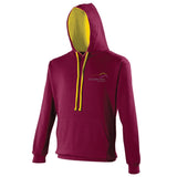 Image shows Three Peaks contrast hoodie in burgundy with inside colour of gold