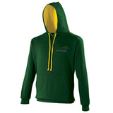 Image shows Three Peaks contrast hoodie in forest green with inside colour of gold