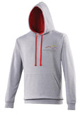 Image shows Three Peaks contrast hoodie in heather grey with inside colour of fire red