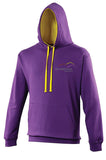 Image shows Three Peaks contrast hoodie in purple with inside colour of sun yellow