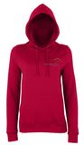 Image shows red chilli colour ladies hoodie with Three Peaks logo on left chest