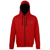 Image shows Three Peaks full zip contrast hoodie in fire red with jet black inside colour