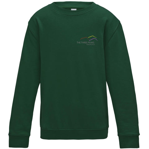 Image shows Three Peaks kids sweatshirt in bottle green, with Three Peaks logo on left chest