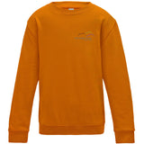 Image shows Three Peaks kids sweatshirt in orange crush, with Three Peaks logo on left chest