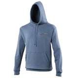 Image shows airforce blue hoodie with Three Peaks logo on left chest