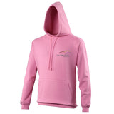 Image shows candy floss hoodie with Three Peaks logo on left chest