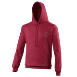Image shows cranberry hoodie with Three Peaks logo on left chest