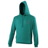 Image shows jade hoodie with Three Peaks logo on left chest