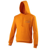Image shows orange crush hoodie with Three Peaks logo on left chest