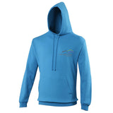 Image shows sapphire blue hoodie with Three Peaks logo on left chest