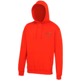 Image shows sunset red hoodie with Three Peaks logo on left chest