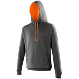 Image shows Three Peaks contrast hoodie in charcoal with inside colour of orange crush