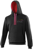 Image shows Three Peaks contrast hoodie in jet black with inside colour of hot pink
