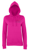 Image shows hot pink colour ladies hoodie with Three Peaks logo on left chest