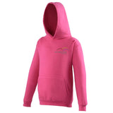 Image shows hot pink colour Three peaks kids hoodie with Three Peaks logo on left chest
