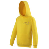 Image shows sun yellow Three peaks kids hoodie with Three Peaks logo on left chest