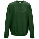 Image shows Three Peaks sweatshirt in bottle green with Three Peaks logo on left chest