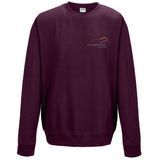 Image shows Three Peaks sweatshirt in burgundy with Three Peaks logo on left chest