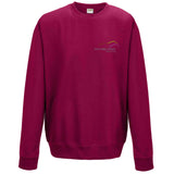 Image shows Three Peaks sweatshirt in cranberry with Three Peaks logo on left chest