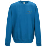 Image shows Three Peaks sweatshirt in sapphire blue with Three Peaks logo on left chest