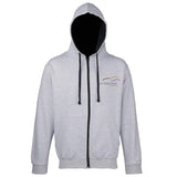 Image shows Three Peaks full zip contrast hoodie in heather grey with navy inside colour