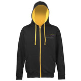Image shows Three Peaks full zip contrast hoodie in jet black with gold inside colour