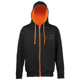 Image shows Three Peaks full zip contrast hoodie in jet black with orange crush inside colour