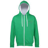 Image shows Three Peaks full zip contrast hoodie in kelly green with white inside colour