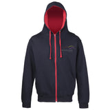 Image shows Three Peaks full zip contrast hoodie in french navy with red inside colour