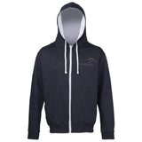Image shows Three Peaks full zip contrast hoodie in french navy with heather grey inside colour