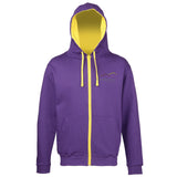 Image shows Three Peaks full zip contrast hoodie in purple with sun yellow inside colour