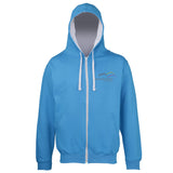 Image shows Three Peaks full zip contrast hoodie in sapphire blue with heather grey inside colour