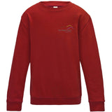 Image shows Three Peaks kids sweatshirt in fire red, with Three Peaks logo on left chest