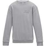 Image shows Three Peaks kids sweatshirt in heather grey, with Three Peaks logo on left chest