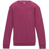 Image shows Three Peaks kids sweatshirt in hot pink, with Three Peaks logo on left chest