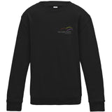 Image shows Three Peaks kids sweatshirt in jet black, with Three Peaks logo on left chest